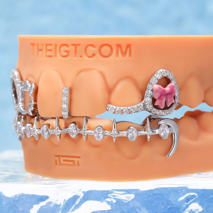 Kitty Bow Oval Starburst Bar Grillz