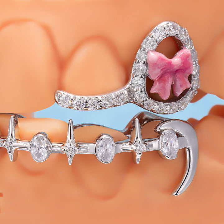 Kitty Bow Oval Starburst Bar Grillz