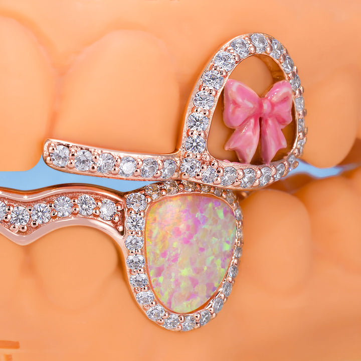 Moissanite Kitty Ribbon Opal & Enamel Fangs Set