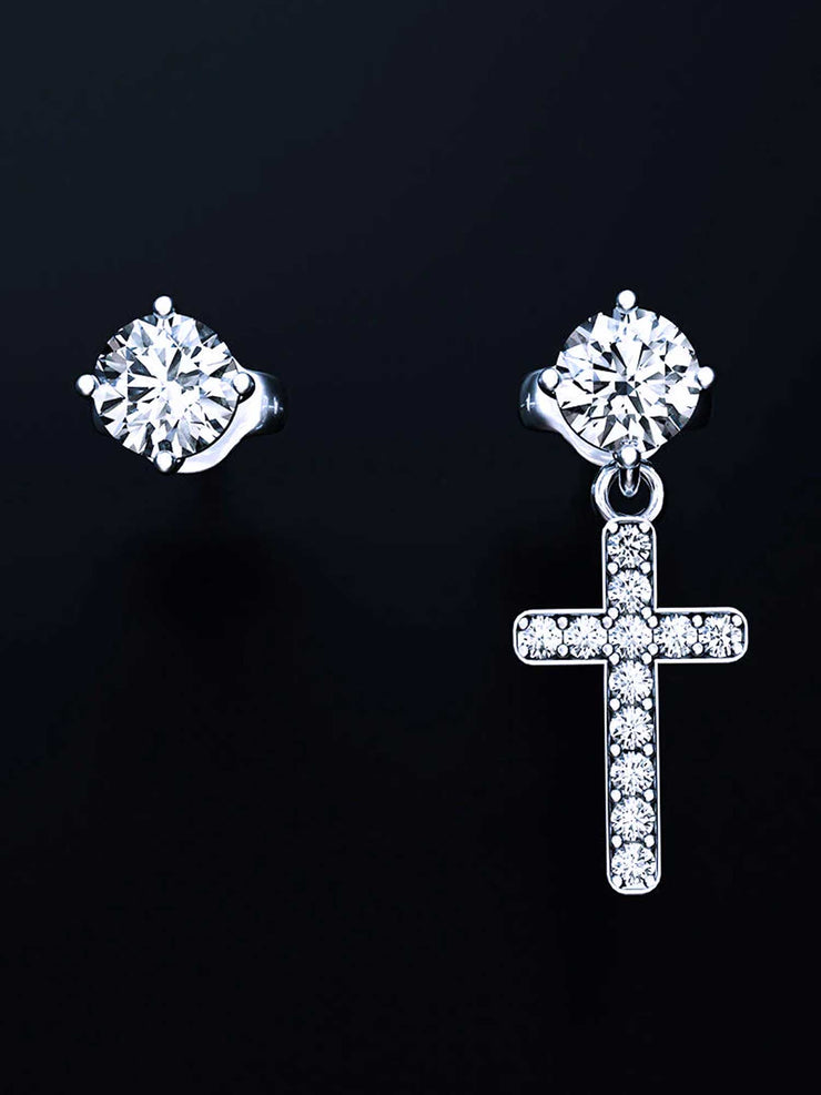 14K Solid Gold Round Cut Stud Cross Moissanite Earrings