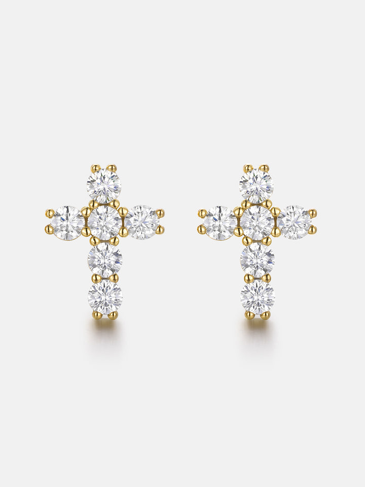 14K Solid Gold Micro Cross Moissanite Stud Earring
