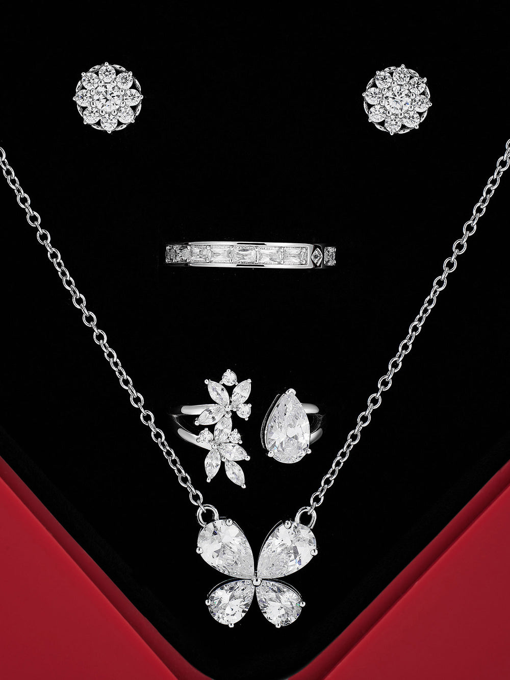 Moissanite Cluster Earrings Duo + Butterfly Necklace + Couple Rings (4-Piece Set)
