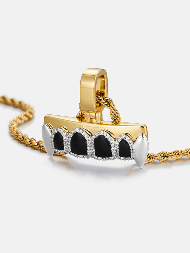 Moissanite Iced Halo Black Enamel Fangs Grillz Pendant