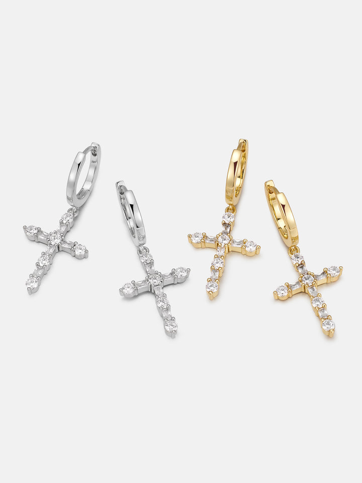 Moissanite Round & Baguette Cut Cross Hoop Earrings