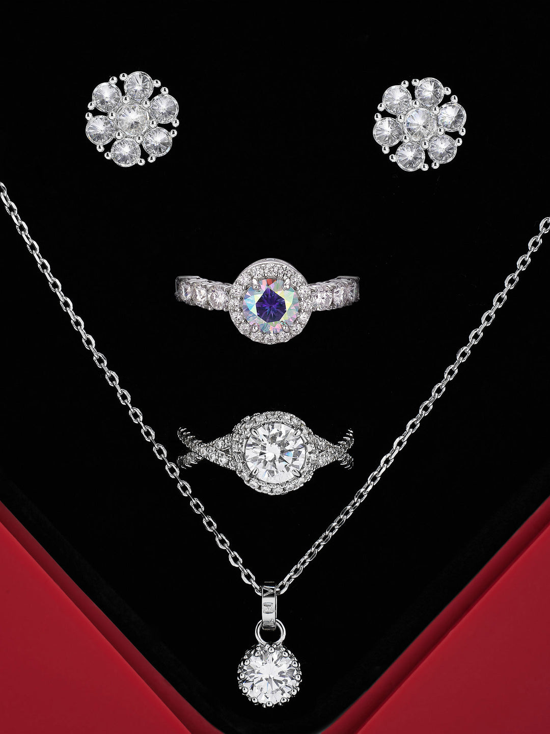 Moissanite Spike Cluster Earrings + 1CT Solitaire Necklace + Couple Rings (4-Piece Set)