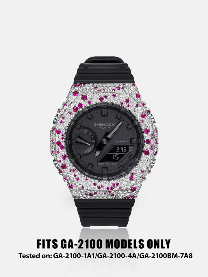 Mosaic Pink Gem & White Moissanite Bezel For GA-2100 Watch