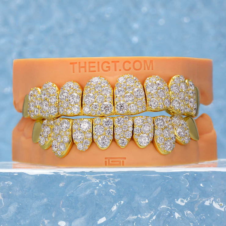 Mosaic Snow Set Moissanite Diamond Grillz In Yellow Gold Plated