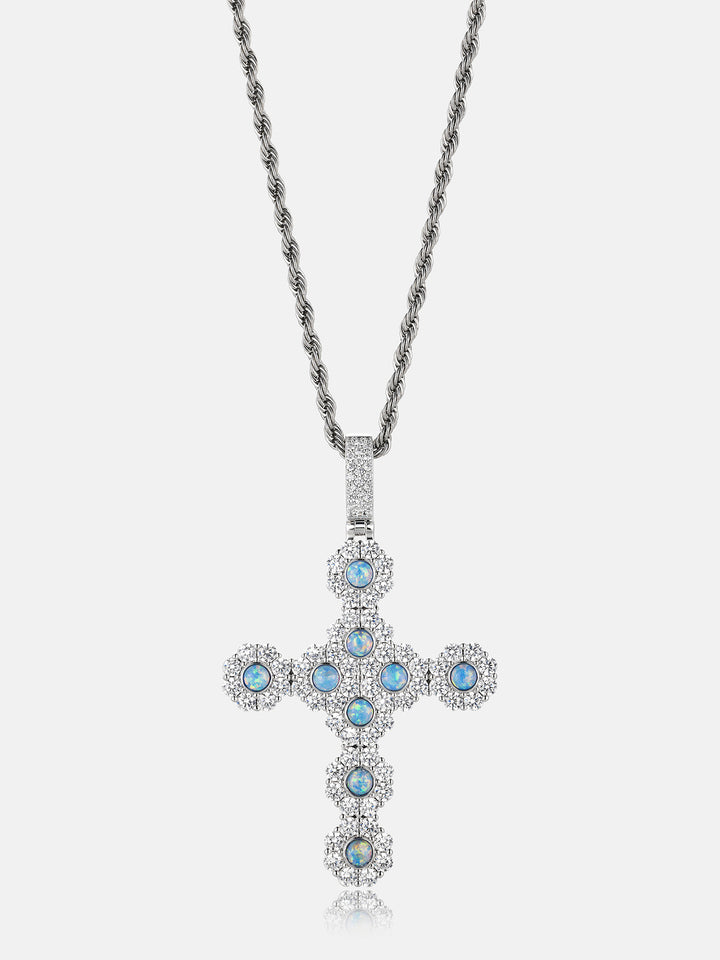 Opal Floral Cluster Moissanite Cross Pendant