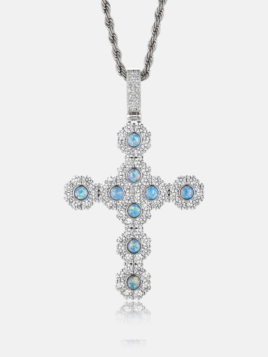 Opal Floral Cluster Moissanite Cross Pendant
