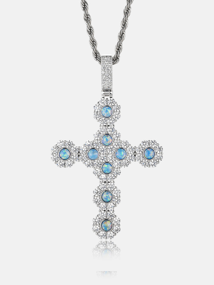 Opal Floral Cluster Moissanite Cross Pendant