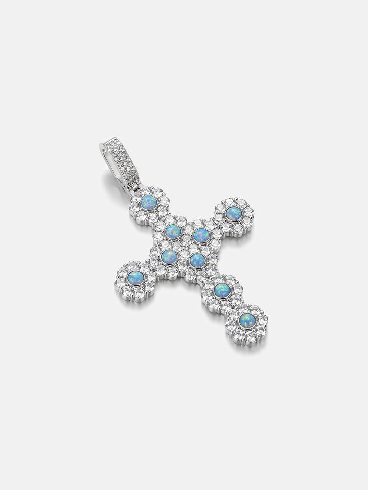 Opal Floral Cluster Moissanite Cross Pendant
