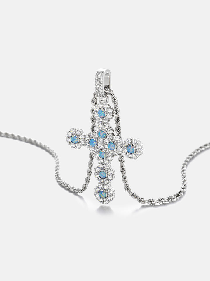 Opal Floral Cluster Moissanite Cross Pendant
