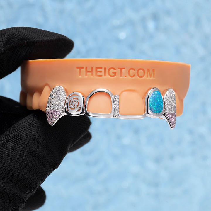 Opal Rose Pink Gem Open Face Bar Grillz - ICEGIANT