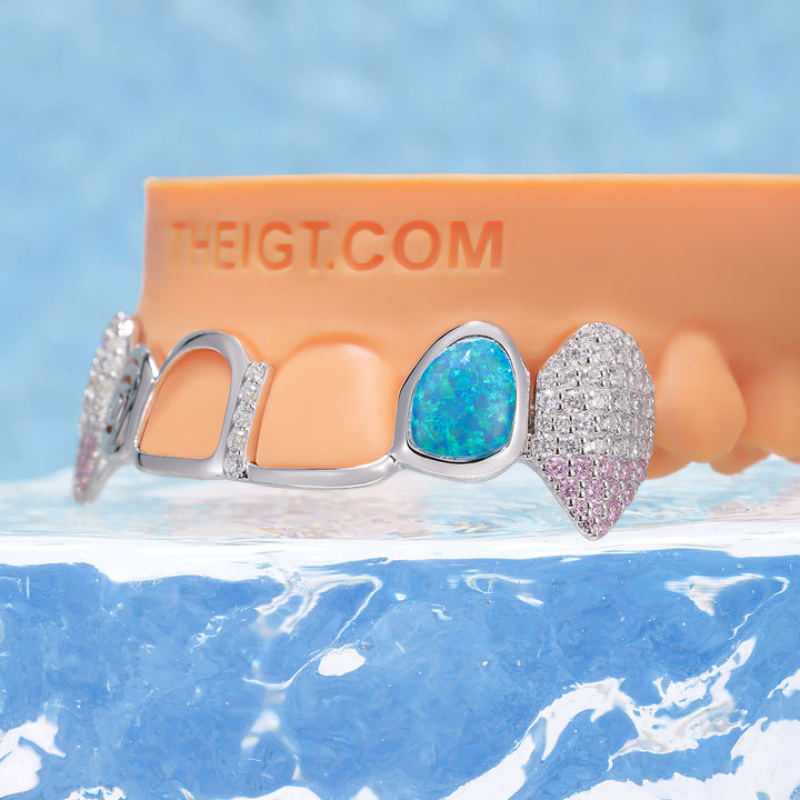 Opal Rose Pink Gem Open Face Bar Grillz - ICEGIANT
