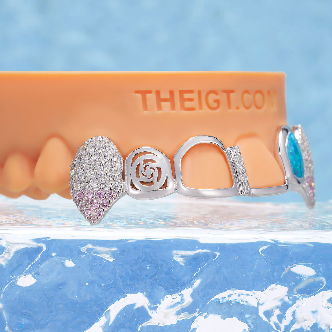 Opal Rose Pink Gem Open Face Bar Grillz - ICEGIANT