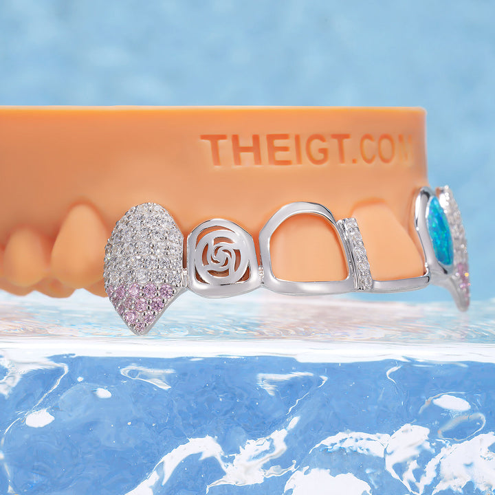 Opal Rose Pink Gem Open Face Bar Grillz - ICEGIANT