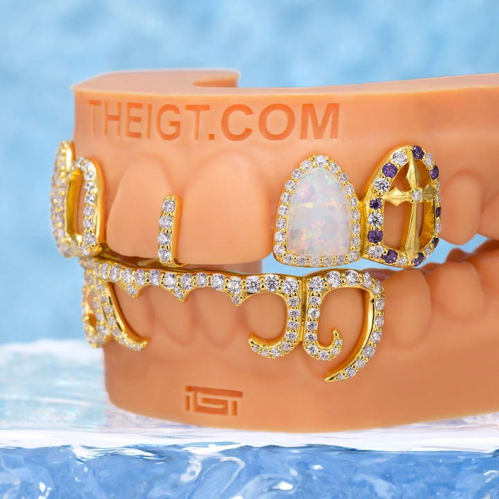 Opal & Cross Spacer With Curved Diamond Bar Grillz