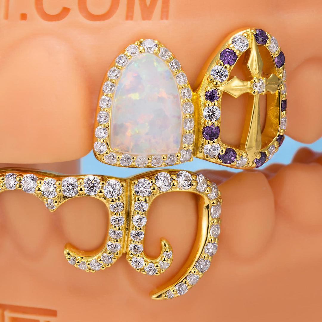Opal & Cross Spacer With Curved Diamond Bar Grillz