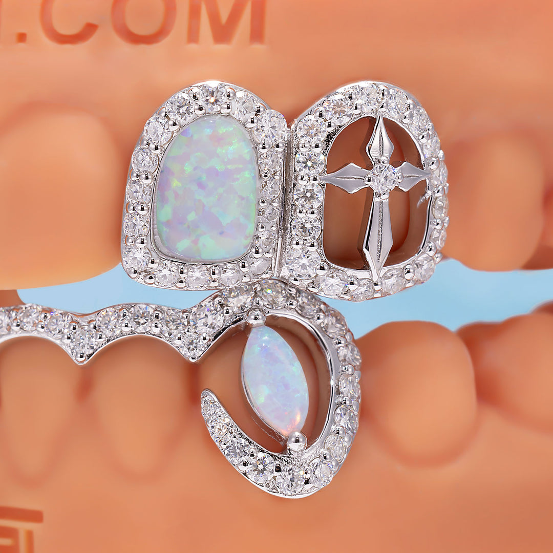 Opal & Cross Spacer With Curved Diamond Bar Grillz