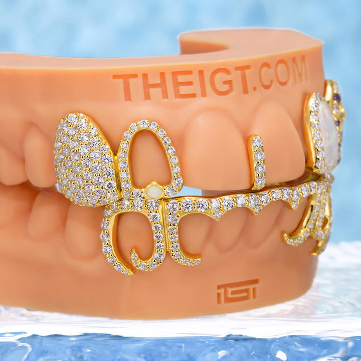 Opal & Cross Spacer With Curved Diamond Bar Grillz