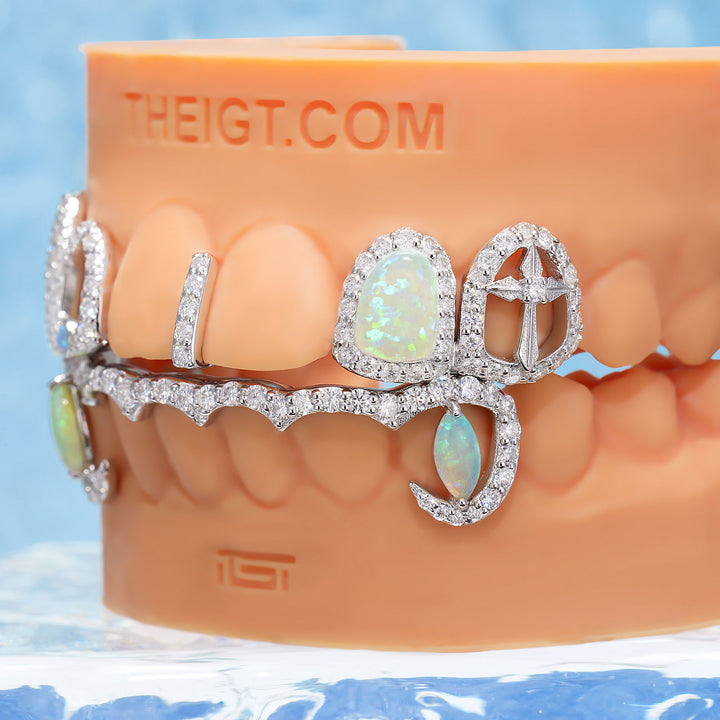 Opal & Cross Spacer With Curved Diamond Bar Grillz