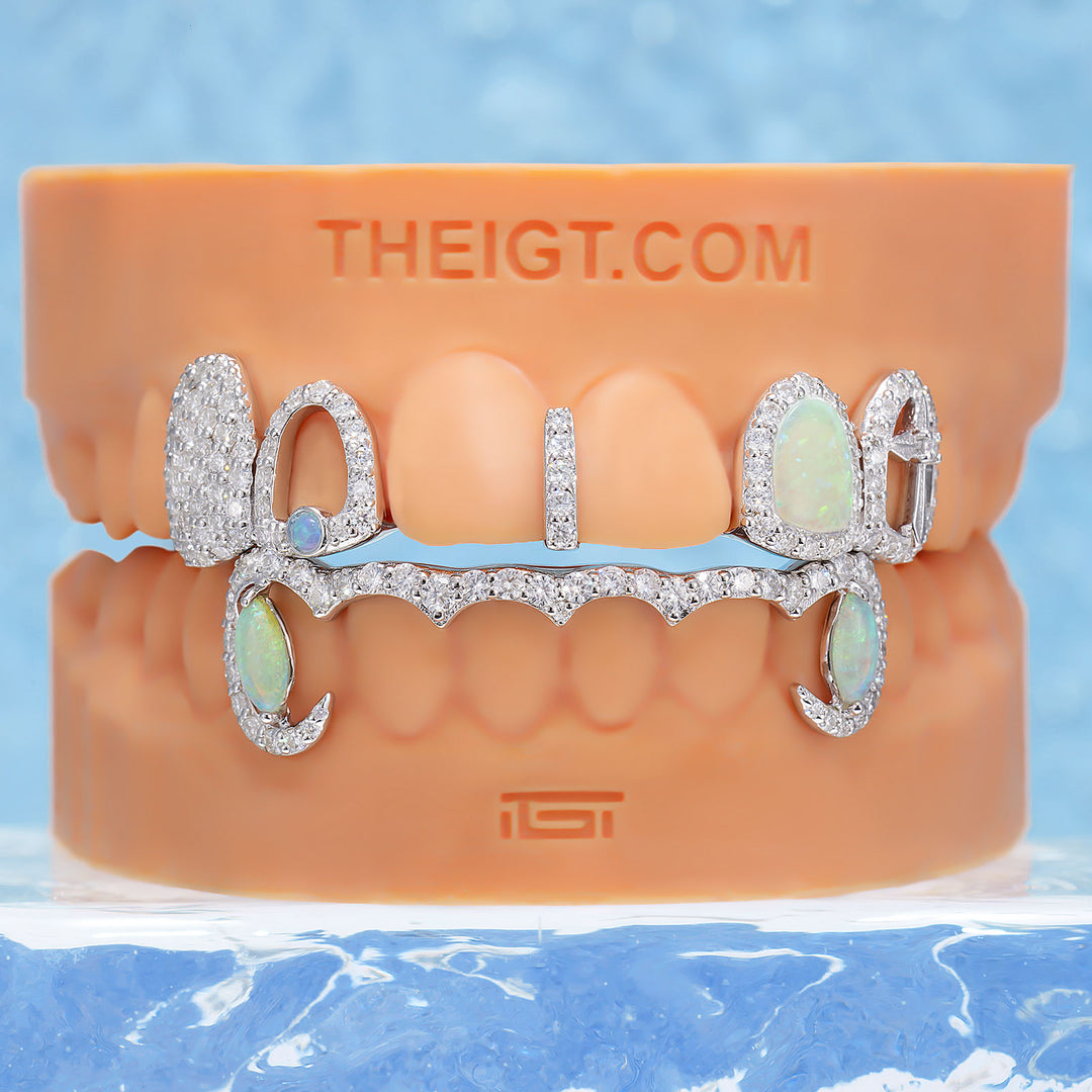 Opal & Cross Spacer With Curved Diamond Bar Grillz