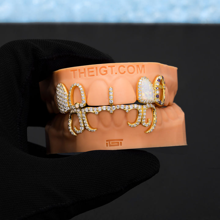 Opal & Cross Spacer With Curved Diamond Bar Grillz