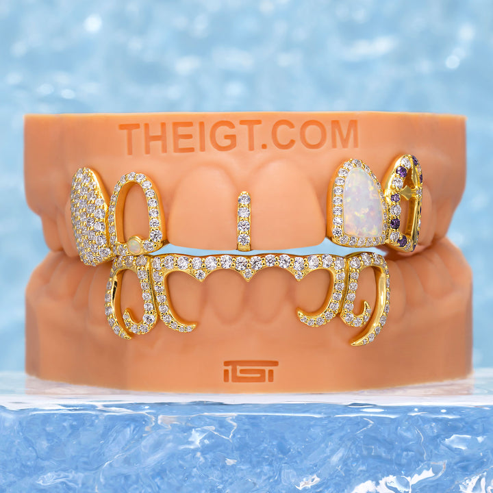 Opal & Cross Spacer With Curved Diamond Bar Grillz