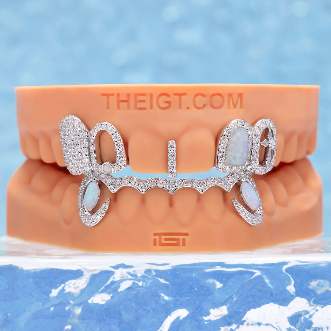Opal & Cross Spacer With Curved Diamond Bar Grillz