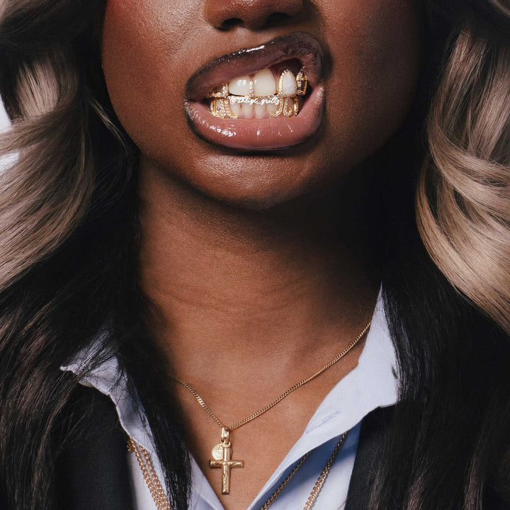 Opal & Cross Spacer With Curved Diamond Bar Grillz