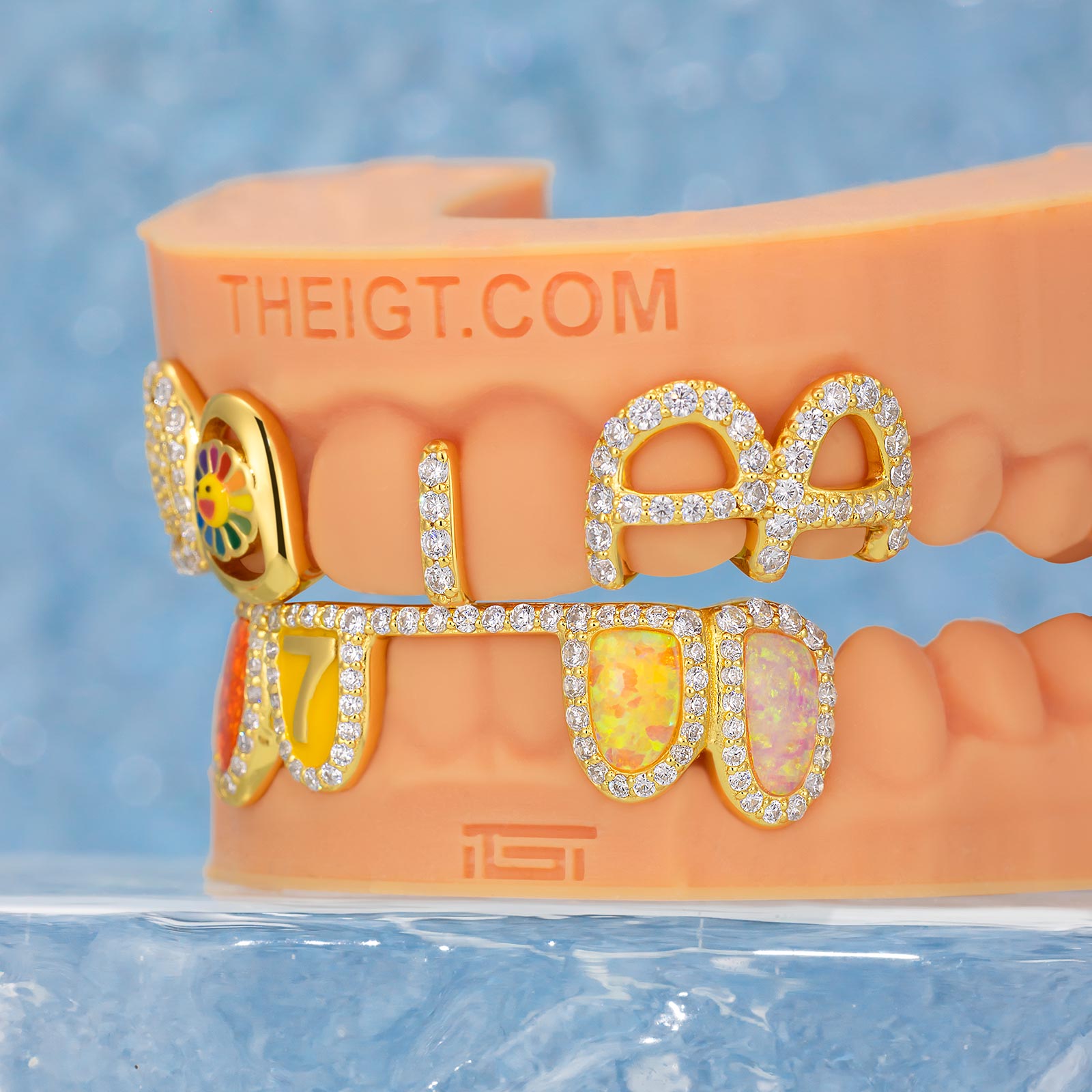 Opal & Enamel Moissanite Letter Style Grillz In Yellow Gold Plated