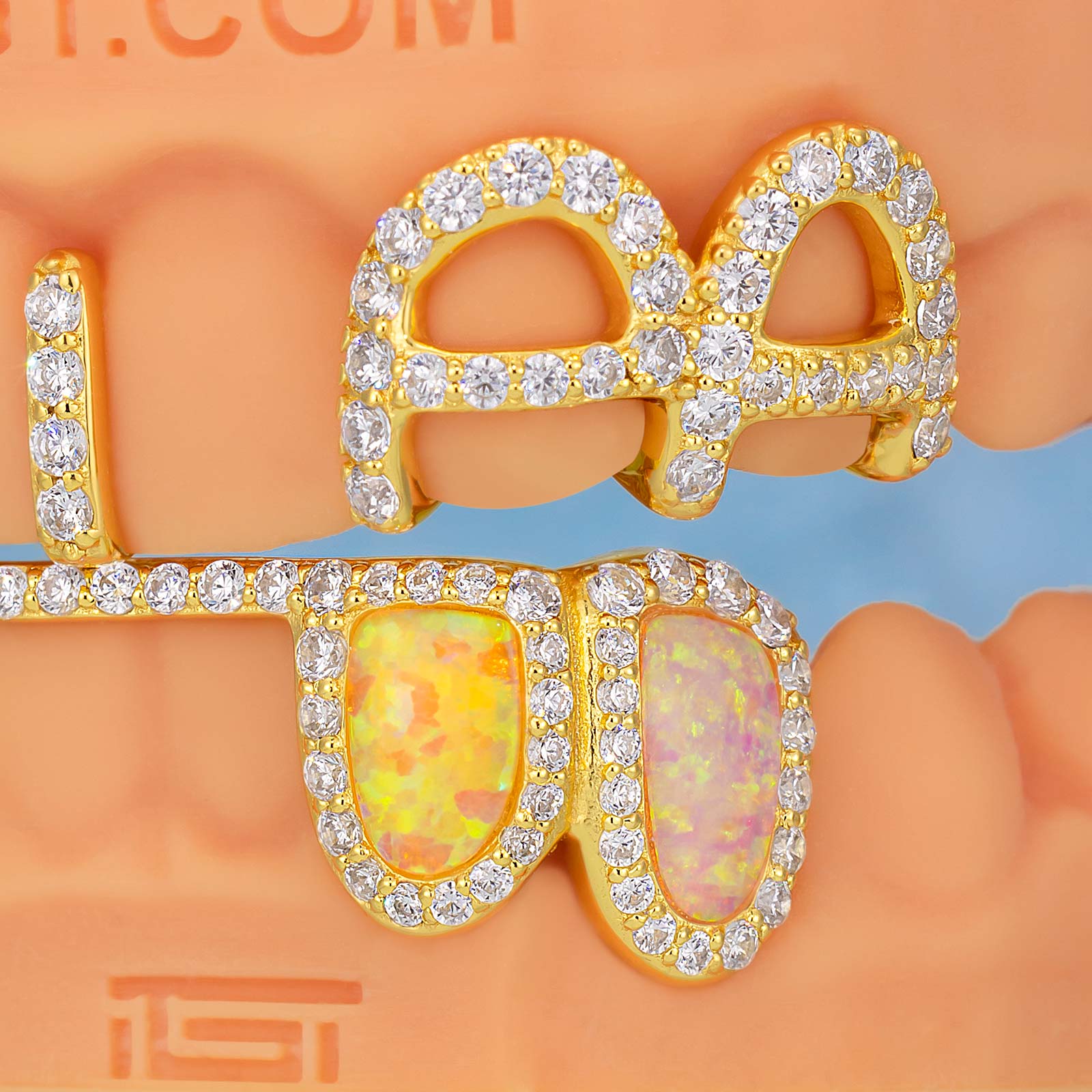 Opal & Enamel Moissanite Letter Style Grillz In Yellow Gold Plated