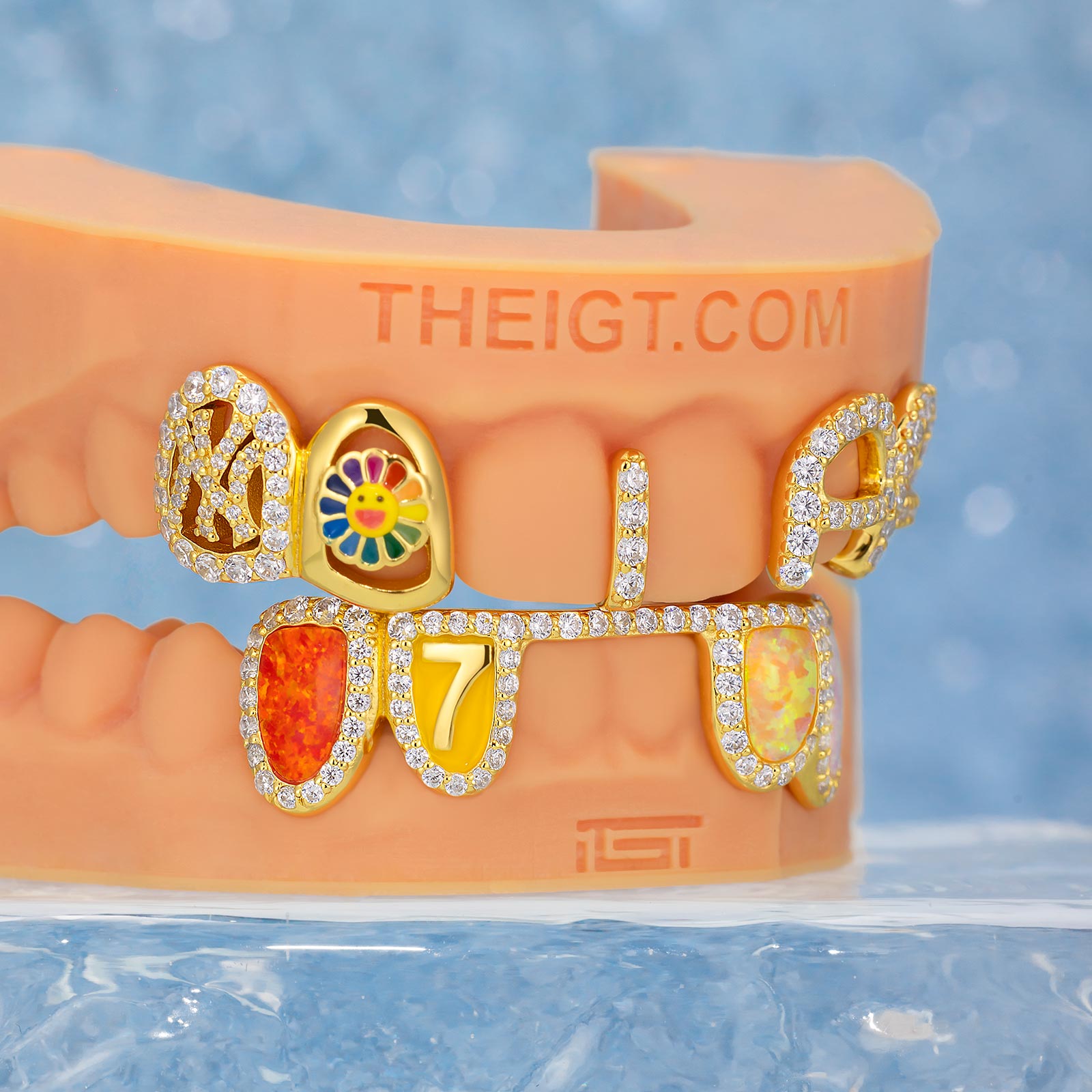 Opal & Enamel Moissanite Letter Style Grillz In Yellow Gold Plated