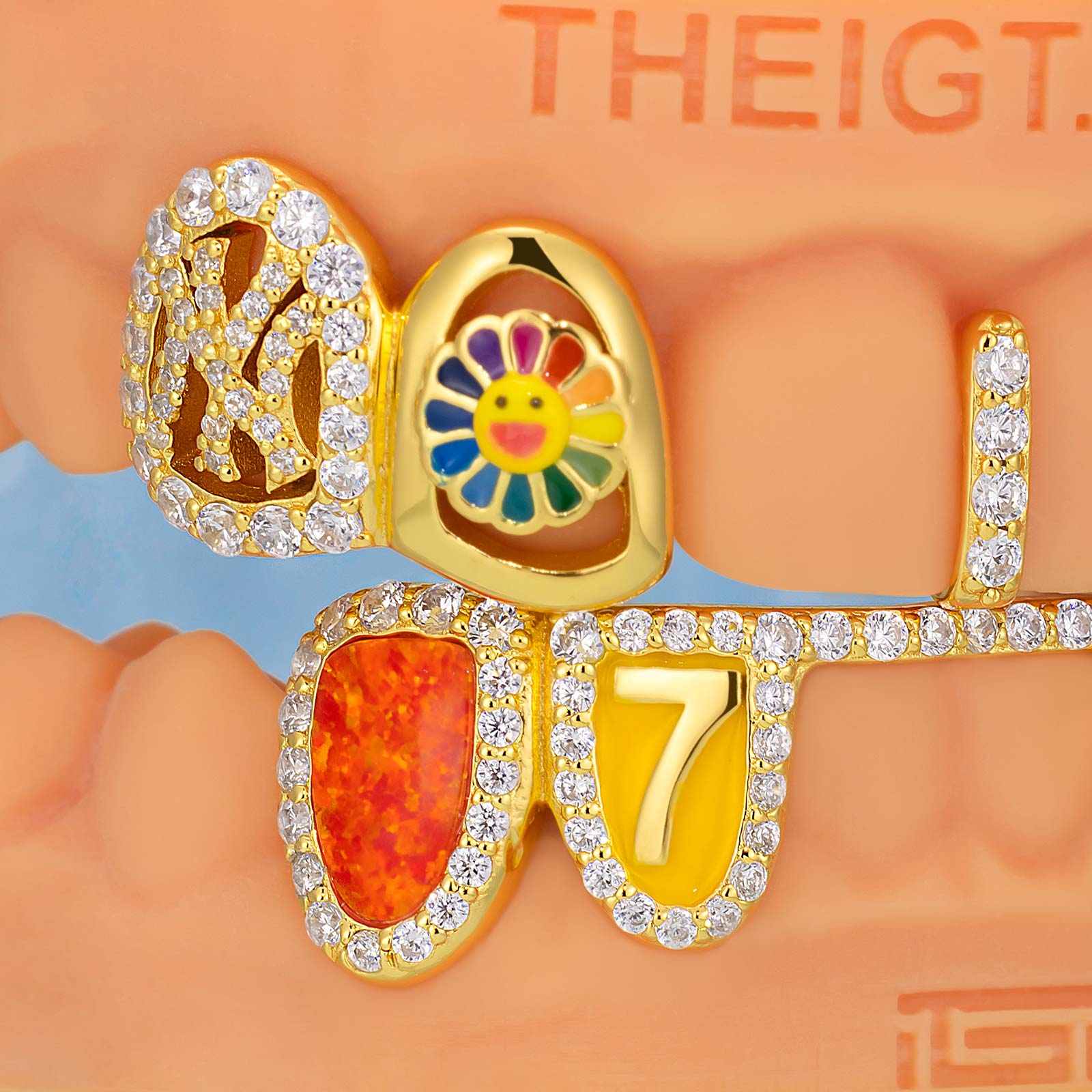 Opal & Enamel Moissanite Letter Style Grillz In Yellow Gold Plated
