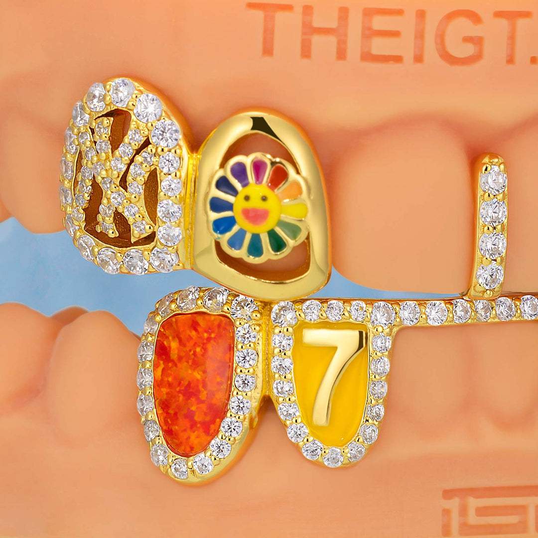Opal & Enamel Moissanite Letter Style Grillz In Yellow Gold Plated