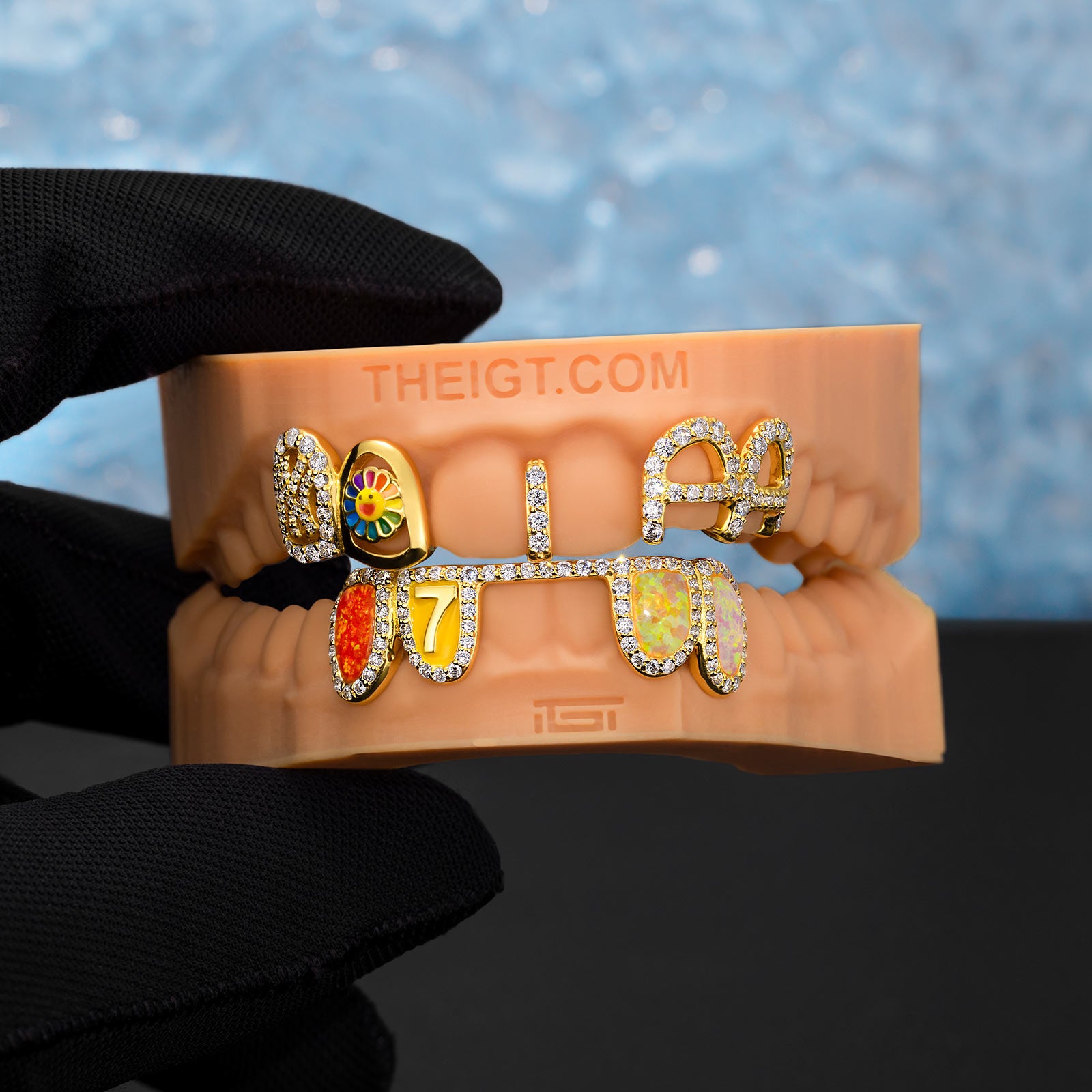 Opal & Enamel Moissanite Letter Style Grillz In Yellow Gold Plated