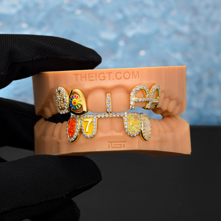 Opal & Enamel Moissanite Letter Style Grillz In Yellow Gold Plated