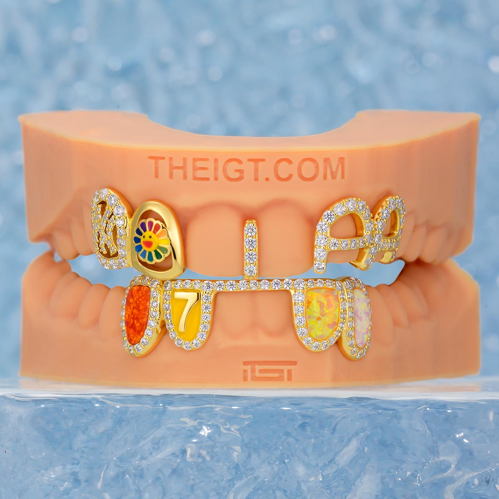 Opal & Enamel Moissanite Letter Style Grillz In Yellow Gold Plated