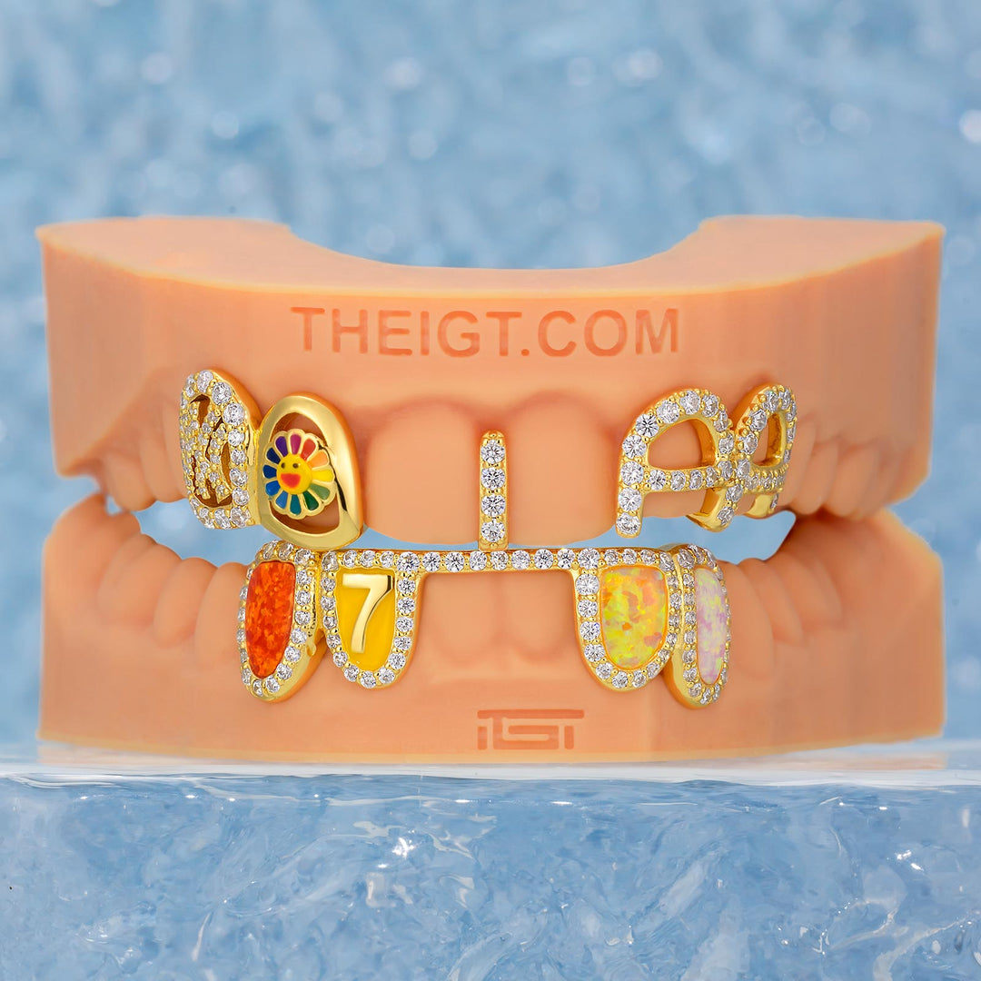 Opal & Enamel Moissanite Letter Style Grillz In Yellow Gold Plated