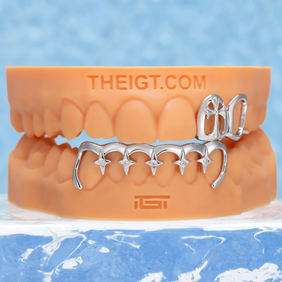 Open Face Gothic Cross & Star Drip Bar Grillz