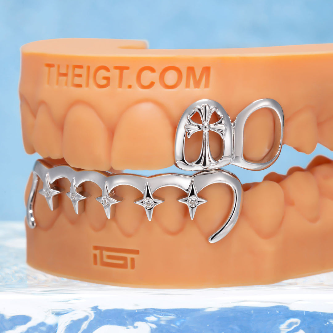 Open Face Gothic Cross & Star Drip Bar Grillz