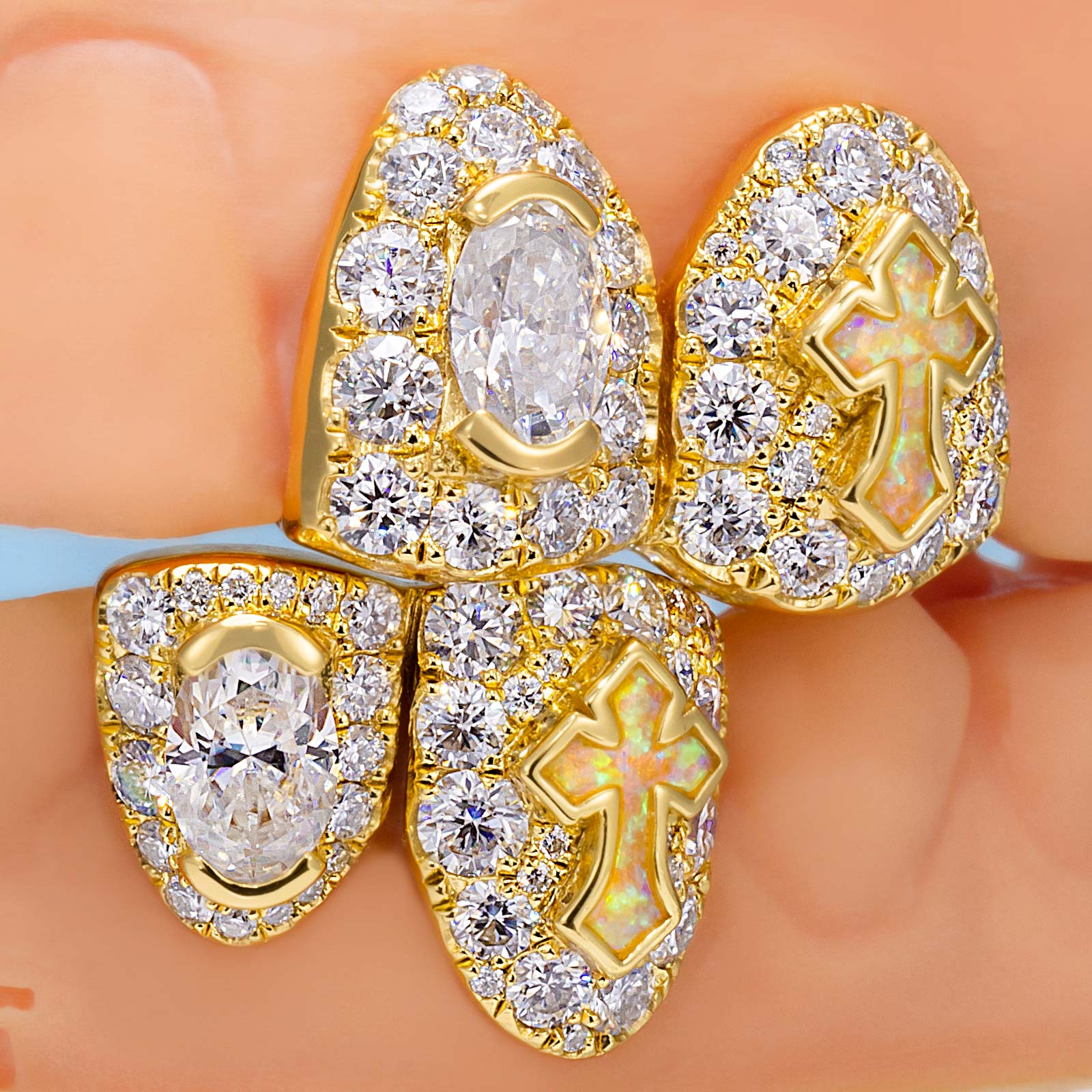 Oval Cut Diamond On Center W Opal Cross Fang Grillz