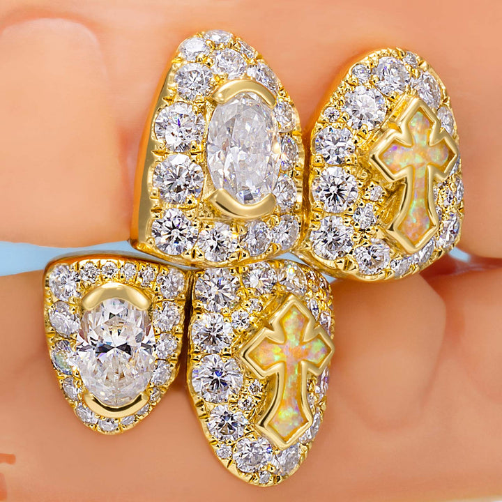 Oval Cut Diamond On Center W Opal Cross Fang Grillz