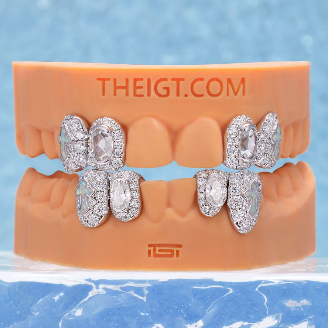Oval Cut Diamond On Center W Opal Cross Fang Grillz
