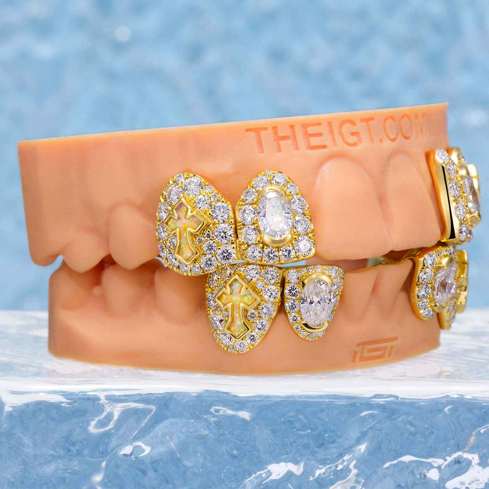 Oval Cut Diamond On Center W Opal Cross Fang Grillz