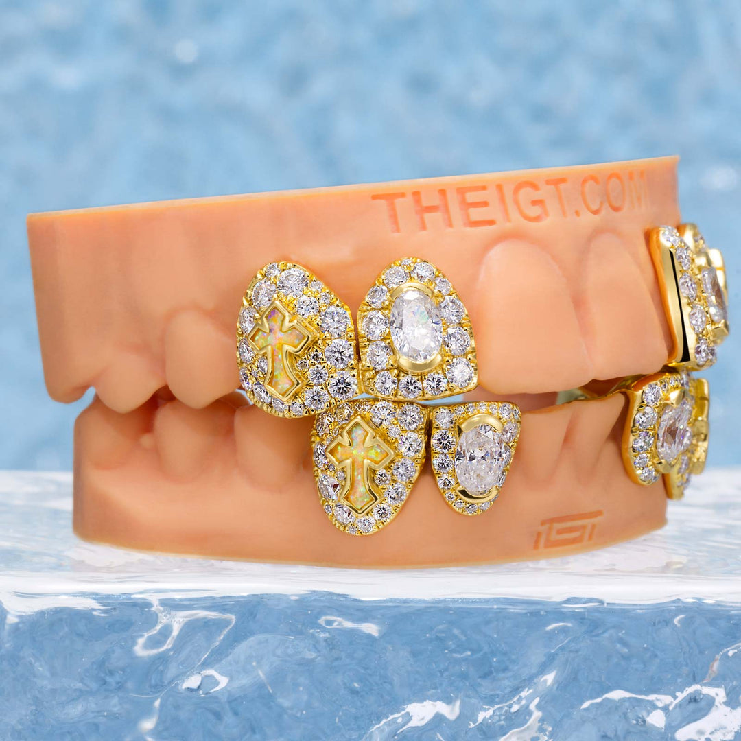 Oval Cut Diamond On Center W Opal Cross Fang Grillz