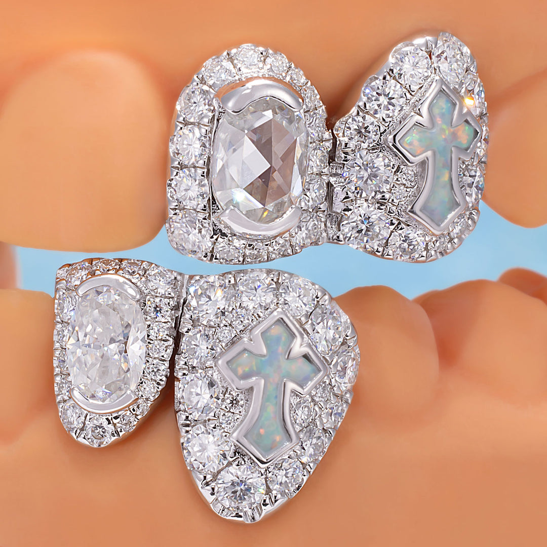 Oval Cut Diamond On Center W Opal Cross Fang Grillz