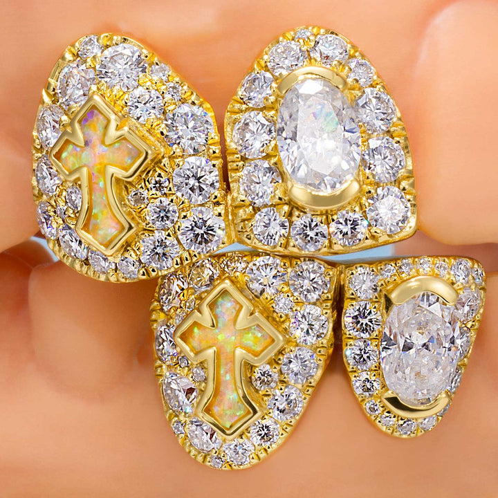 Oval Cut Diamond On Center W Opal Cross Fang Grillz