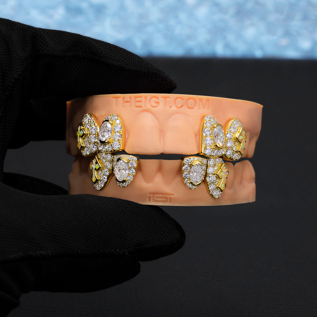 Oval Cut Diamond On Center W Opal Cross Fang Grillz