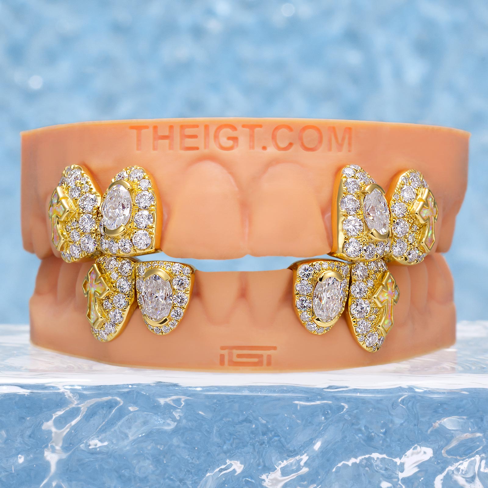 Oval Cut Diamond On Center W Opal Cross Fang Grillz